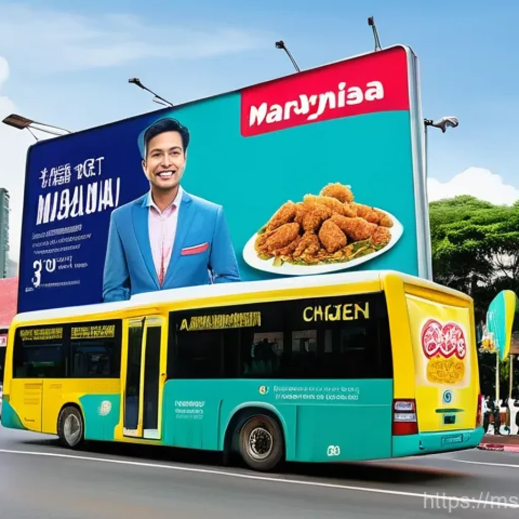 광고와 PR 차이점 - **The Vibrant Pulse of Malaysian Advertising:**
    A dynamic and brightly lit street scene in a bus...
