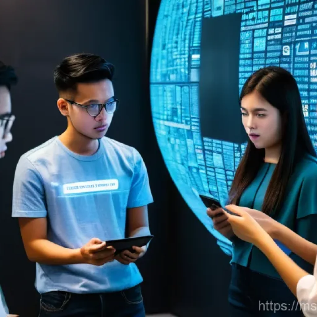 미디어 법률과 규제 - **Prompt:** A diverse group of Malaysian young adults, dressed in modern, modest casual wear, gather...