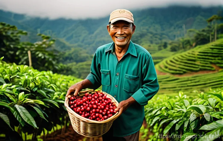 브랜드 저널리즘 - **Prompt:** A heartwarming and authentic scene of a seasoned Malaysian coffee farmer, with sun-kisse...