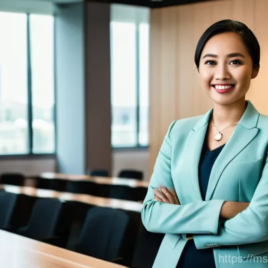 PR 교육과정 및 자격증 - **Prompt:** A confident, professionally dressed Malay woman in her late 20s to early 30s stands at a...