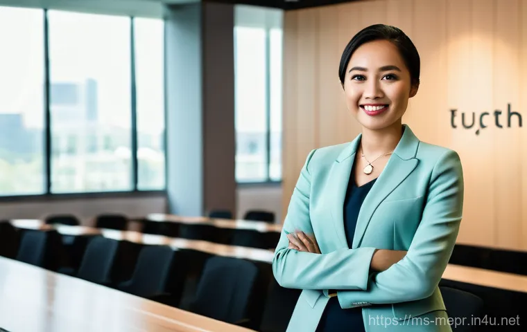 PR 교육과정 및 자격증 - **Prompt:** A confident, professionally dressed Malay woman in her late 20s to early 30s stands at a...