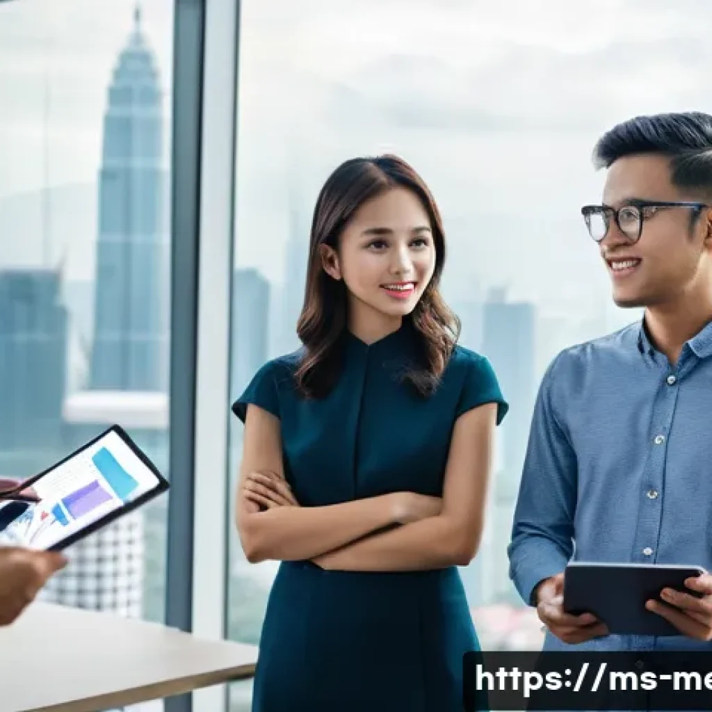 기업PR의 ROI 측정 - **Prompt:** A group of diverse young Malaysian professionals, including male and female individuals,...