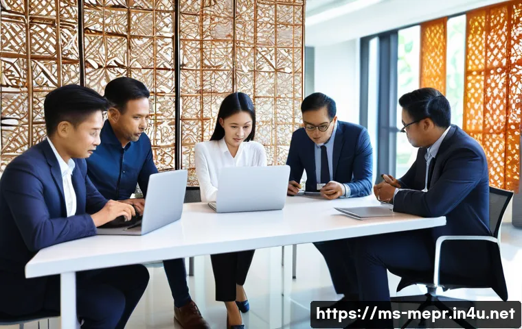 위기 커뮤니케이션 전략 - A professional crisis communication team in a modern Malaysian office environment, working collabora...