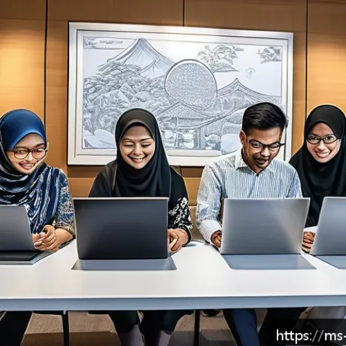 언론홍보학 연구 방법론 - A detailed digital illustration of a diverse group of Malaysian media researchers conducting a mixed...