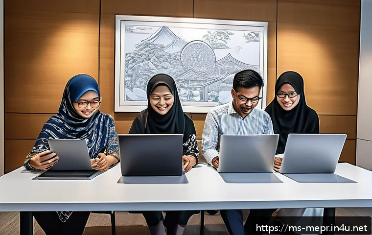 언론홍보학 연구 방법론 - A detailed digital illustration of a diverse group of Malaysian media researchers conducting a mixed...