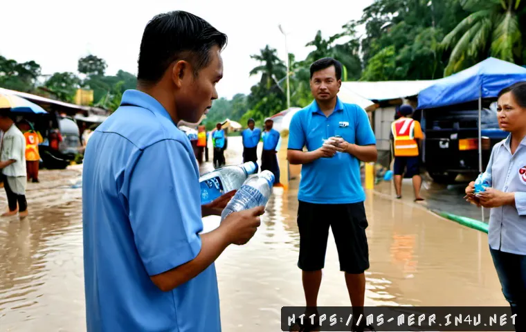 위기 대응 PR 사례 - Photorealistic crisis communication scene in Kuala Lumpur after severe monsoon flooding, a calm Mala...